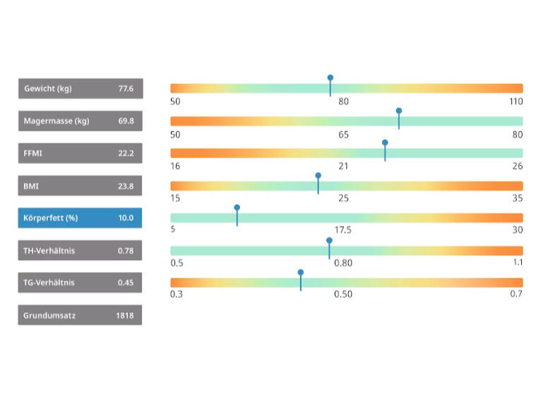 Scenna 3d testelemzés Precíz adatok súlyeloszlás, testzsír, BMI és arányok